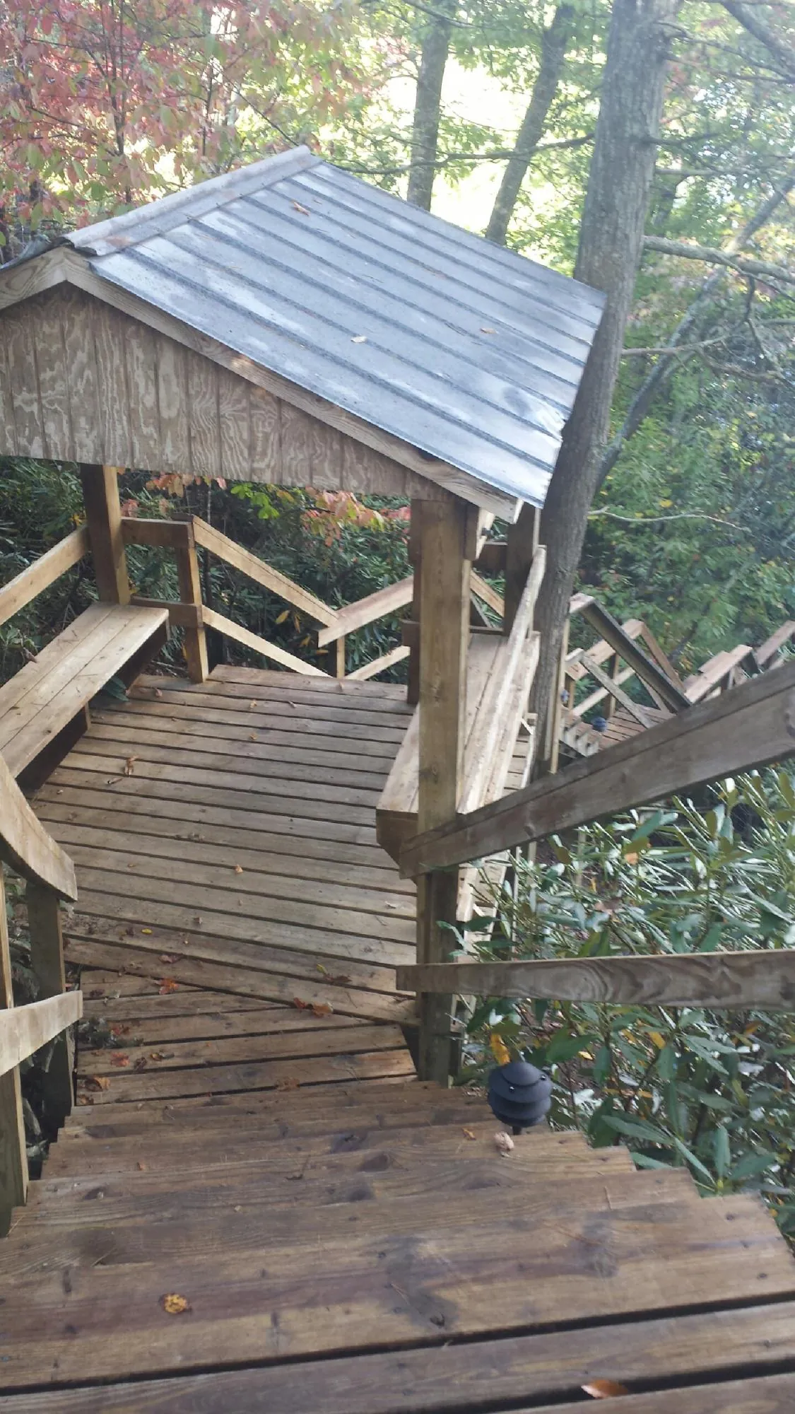 Metal roofed shelter over wooden steps on a wooded walkway — Skylight Repair & Installation work by our crew in Dunnsville